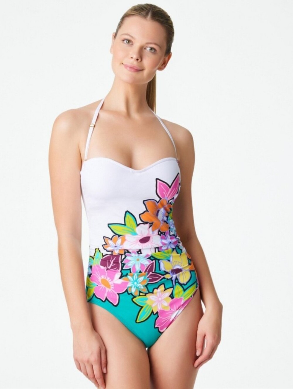 Bleu Rod Beattie White With Colorful Floral 1-pc Swimsuit & Cover Up, S